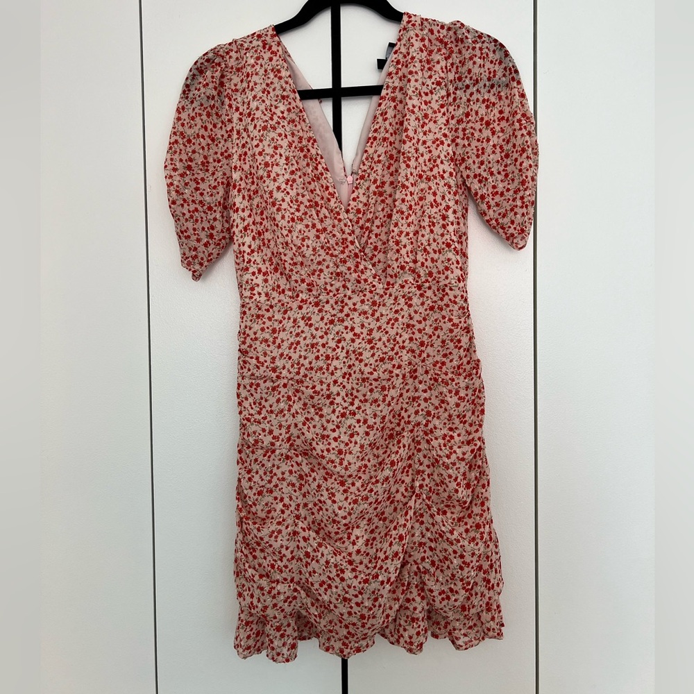 Lulu’s Send a Sonnet Pink Floral Print Ruched Short Sleeve Mini Dress, Size S